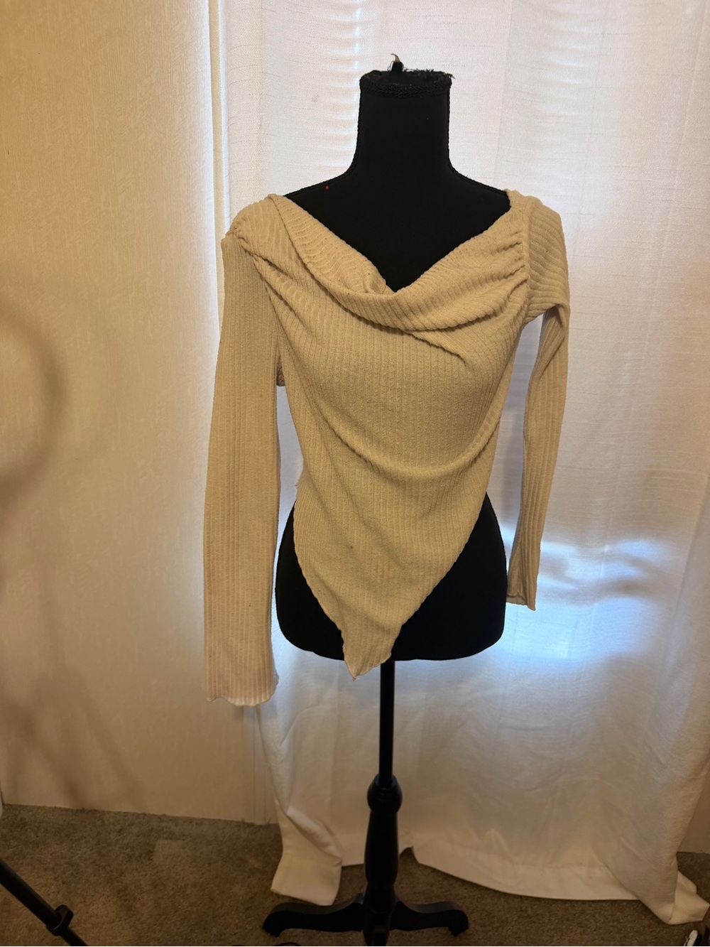 SHEIN Cream Ribbed Asymmetrical Drape Long Sleeve Top